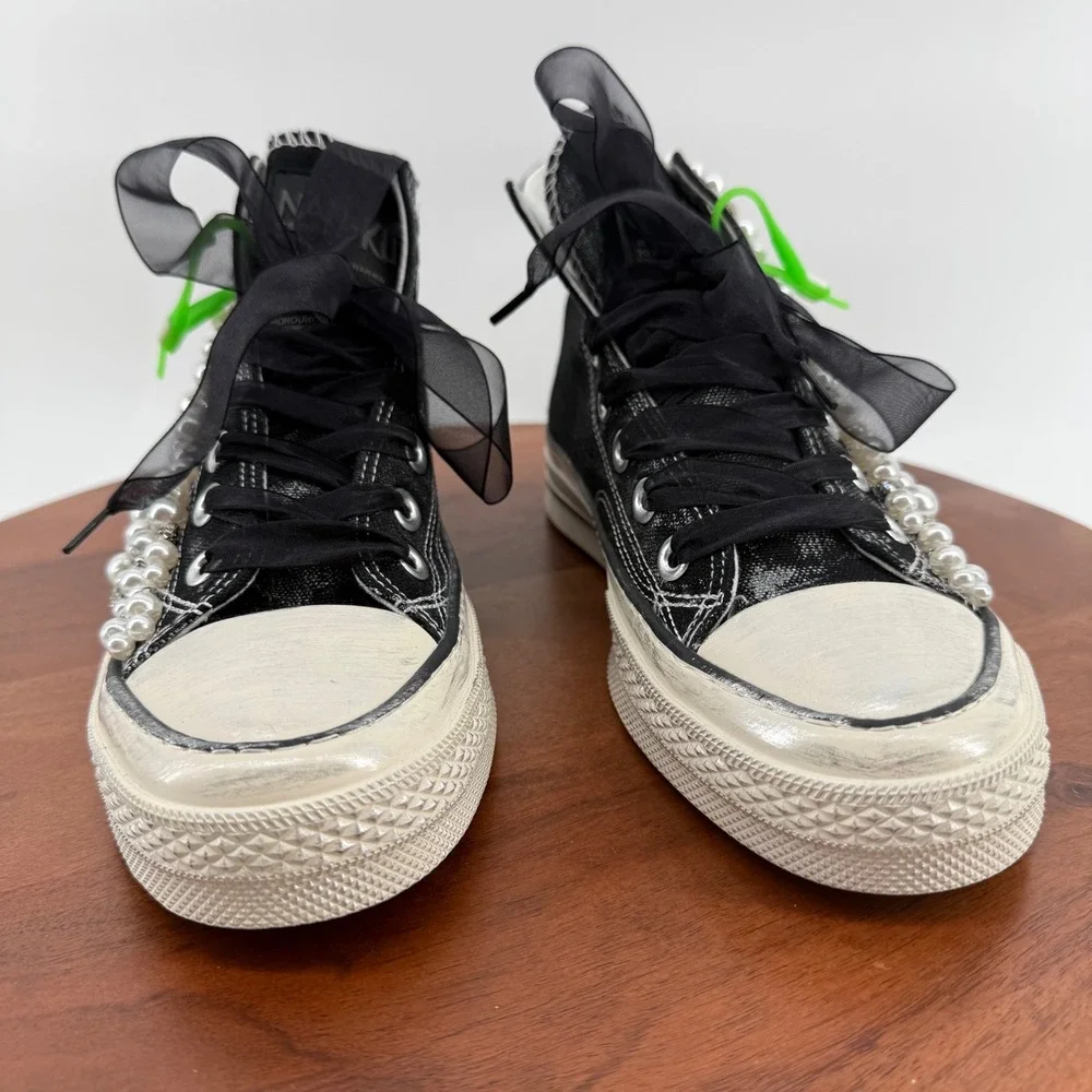 Nan-Ku Couture‎ Pearl Rhinestone Embellished High Top Sneakers Black Womens 39